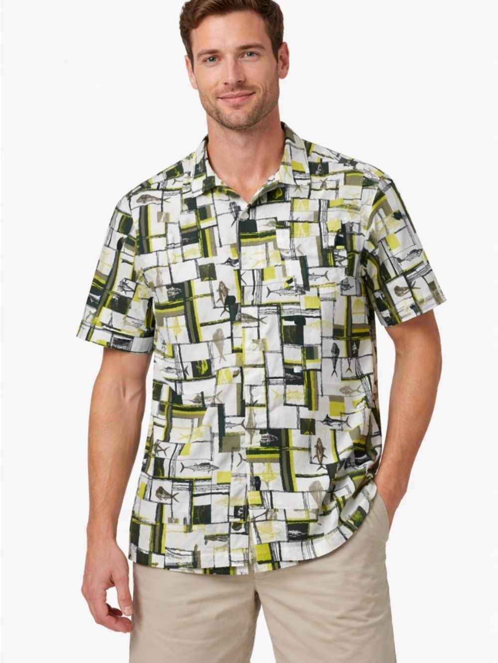 Columbia Fishing Button Up Shirt Men Medium Green Geometric Fish Print Short Sl